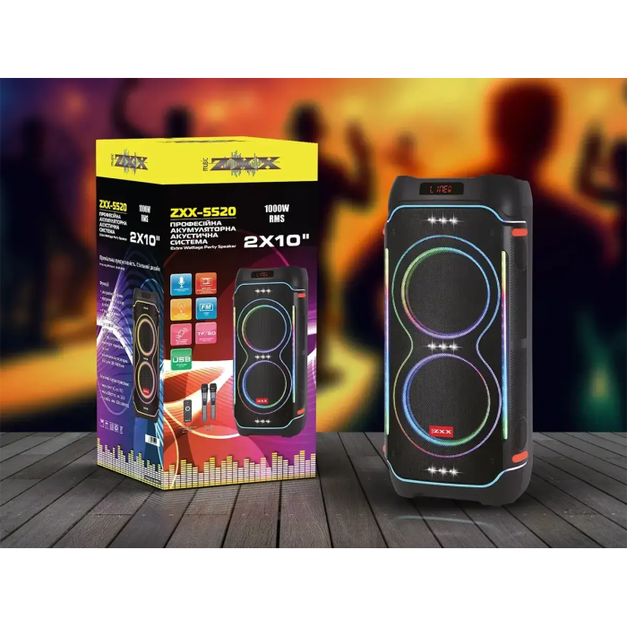 Акустична переносна колонка ZXX-5520/ 6500 100Вт 2x10" TWS/FM/USB/TF/BT/REC/LED/2MIC/ДК (1)