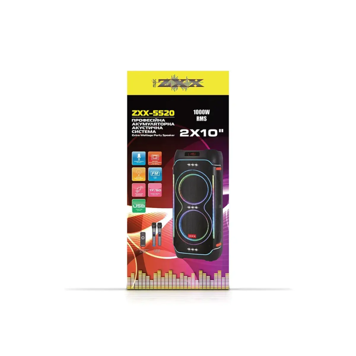 Акустична переносна колонка ZXX-5520/ 6500 100Вт 2x10" TWS/FM/USB/TF/BT/REC/LED/2MIC/ДК (1)