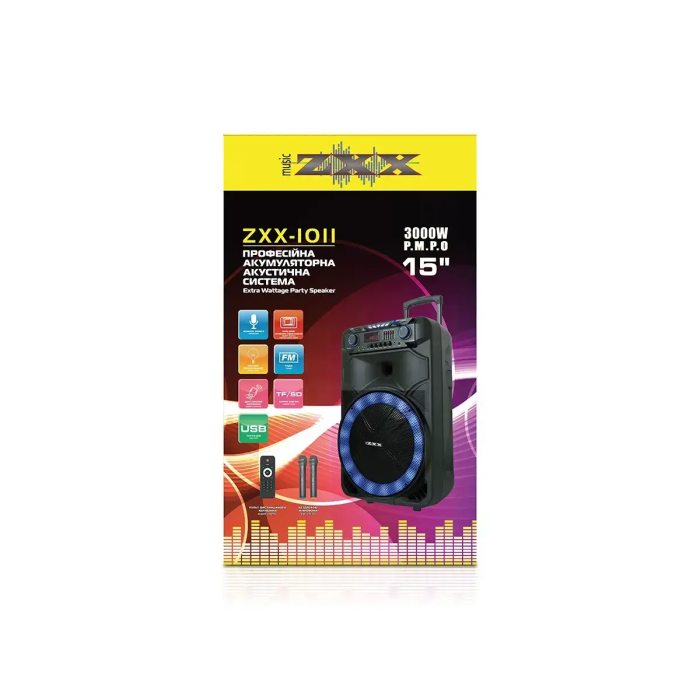 Акустична переносна колонка ZXX-1011/ 8586 800Вт 15" 45х72х36см USB/SD/FM/BT/2MIC/ДК (1)