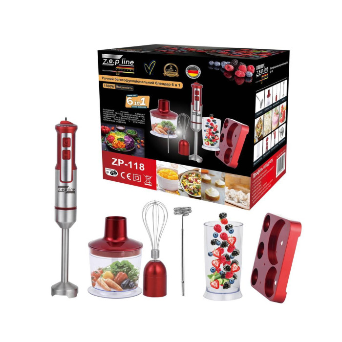 Ручний заглибний блендер 6в1 на підставці Zepline ZP-118 1500 Вт Червоний (6)