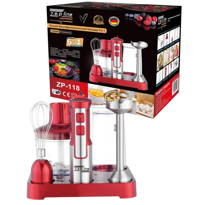 Ручний заглибний блендер 6в1 на підставці Zepline ZP-118 1500 Вт Червоний (6)