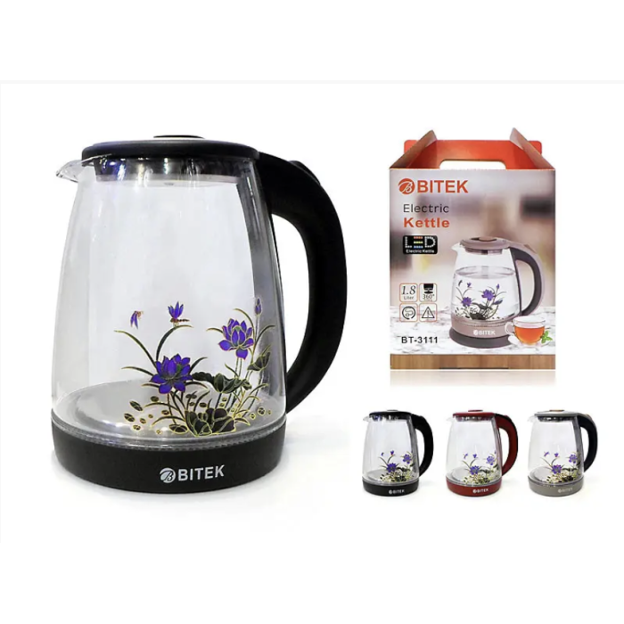 Електрочайник скляний 1,8 л 2400 Вт BITEK з квіткою BT-3111 (12 шт./ясть)