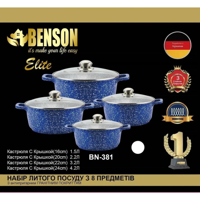 Набір каструль8пр1,5 л; 2,2л; 3,2 л; 4,2 л; Синій із білими домішками, Гранітне покриття BN-381 (2)