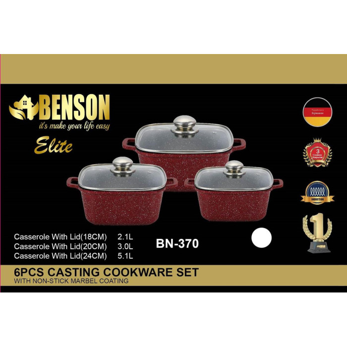 Набір квадратний каструль 2,1 л; 3л; 5,1л; Червоне з білим, Мармурове покриття BN-370 (4)