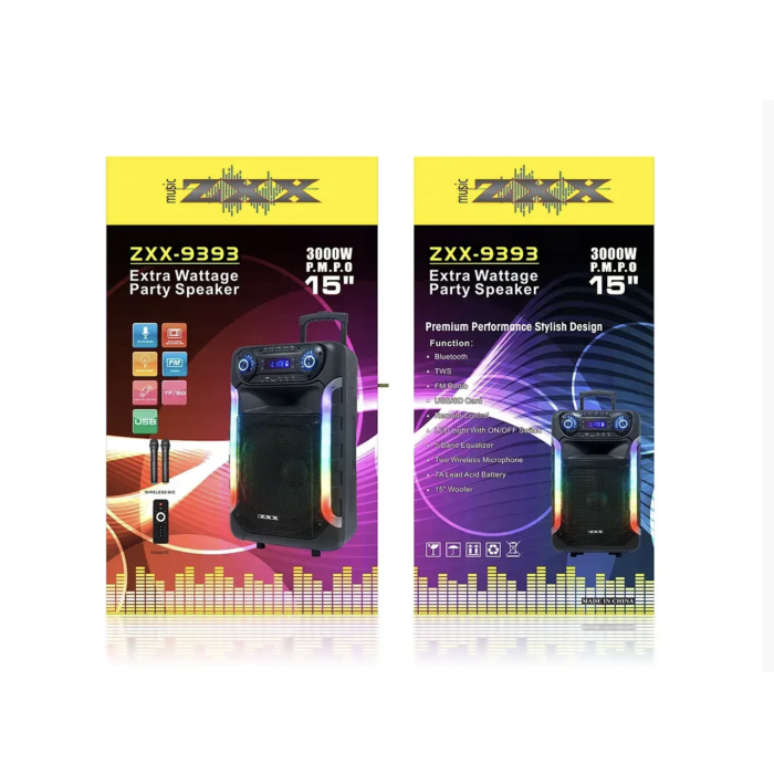 Акустична переносна колонка ZXX-9393/ 7909 80Вт 15" 81х30х30см TWS/FM/USB/TF/SD/BT/REC/LED/2MIC (1)