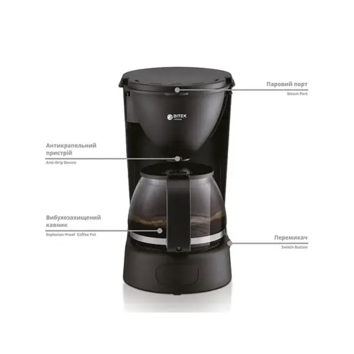 Кавоварка крапельна 2800Вт 1000мл 220В BITEK BT-100/ 6626 (6)