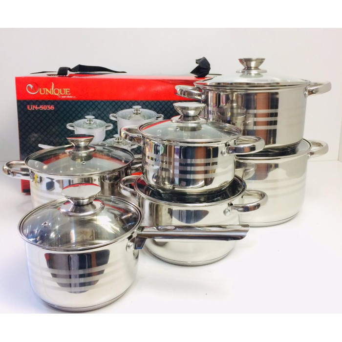 Набір каструль UNIQUE UN-5036 12 пр. (2,1л, 2,1л, 2,9 л, 3,9л, 5,1 л, 6,5 л, з кришками) (2 шт./ясть)