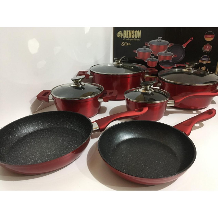 BN-335 (2)-Набір каструль і сковорода 2.5 л 4.5 л 6.5 л; 28см червоний (2 шт./яй)