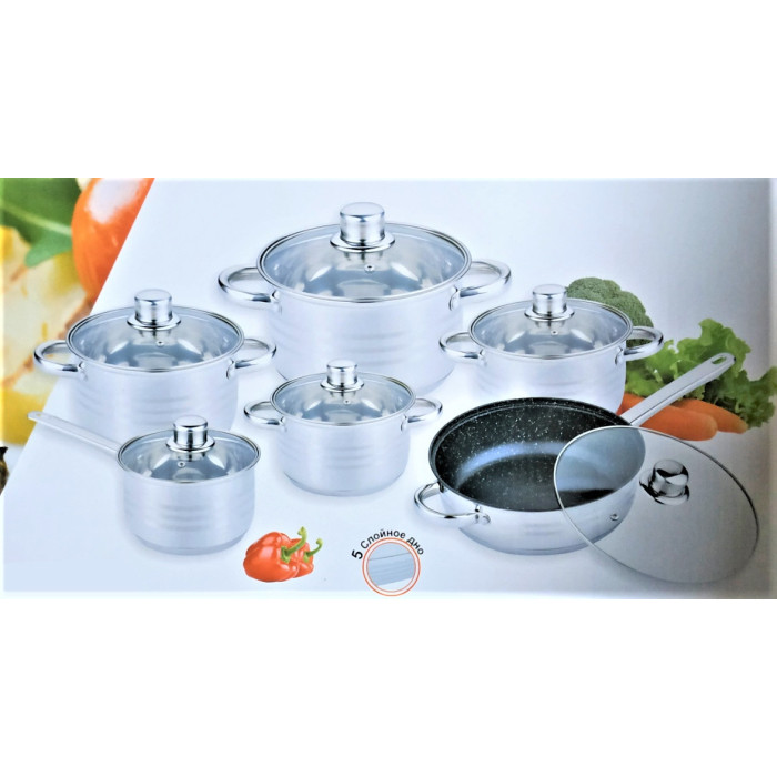 BN-290 (2)-Набір каструль 12 пр Нерж 2,1л; 2,1л; 2,9л; 3,9л; 6,5 л + сковорода