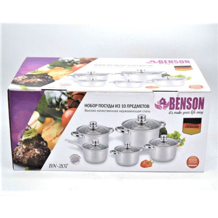 Набір каструль неірж 10 пр 2,1 л; 2,1л; 2,9л; 3,9л; 6,5л BN-207 (2 шт/ящ)
