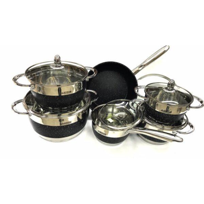 BN-293 (2)-Набір каструль 12 пр Нерж 2,1л; 2,1л; 2,9л; 3,9л; 6,5 л + сковорода; червоний