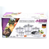 Набір каструль 12 пр Нерж 2,1л; 2,1л; 2,9л; 3,9л; 6,5 л +сковорода 24 см BN-208 (2 шт./яск.)