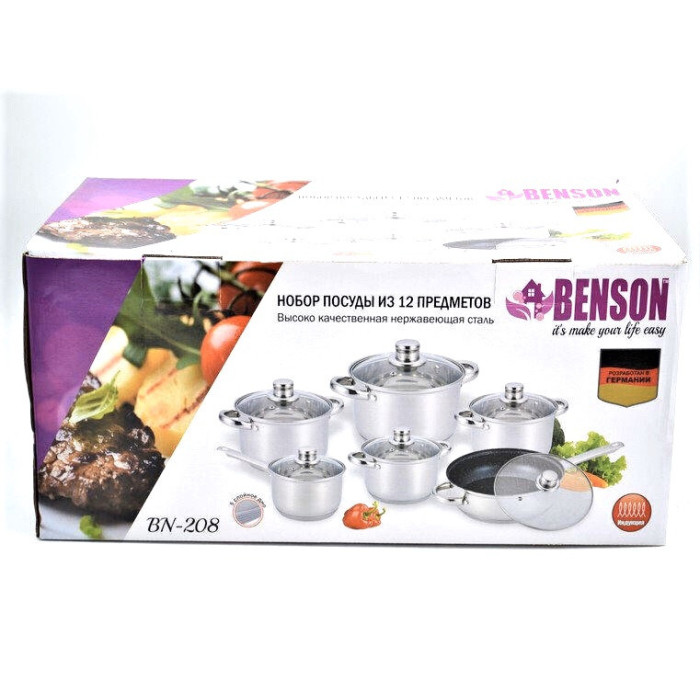 Набір каструль 12 пр Нерж 2,1л; 2,1л; 2,9л; 3,9л; 6,5 л +сковорода 24 см BN-208 (2 шт./яск.)