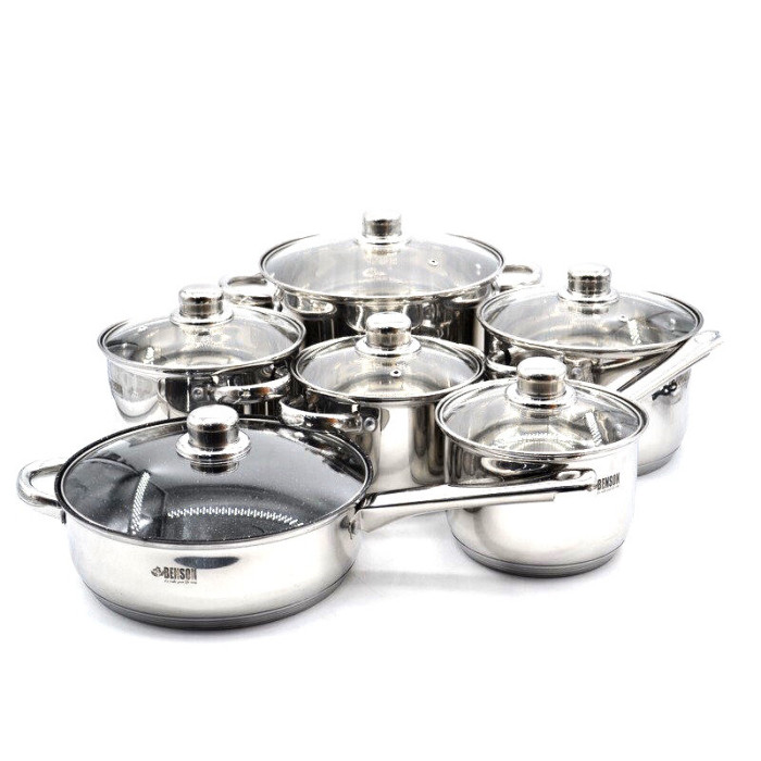 Набір каструль 12 пр Нерж 2,1л; 2,1л; 2,9л; 3,9л; 6,5 л +сковорода 24 см BN-208 (2 шт./яск.)