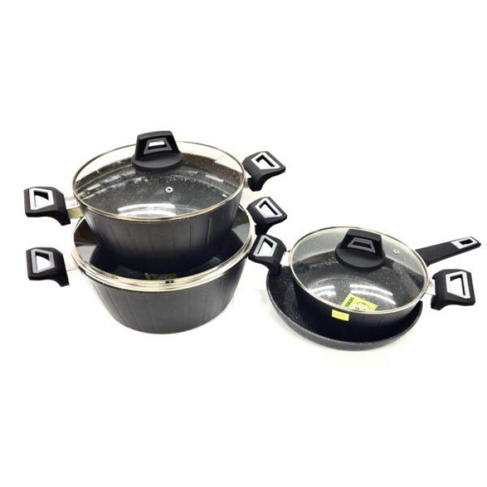 BN-344 (2)-Набір каструль 7 пр 2,4 л; 4л; 6,8 л; сковорода 24 см Внутрішнє помроване помр.; зовнішня пов