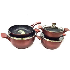 BN-345 (2)-Набір каструль 7 пр 2,5 л; 4,5 л; 6,5 л; сковорода 24 см Мармурове покриття червоне