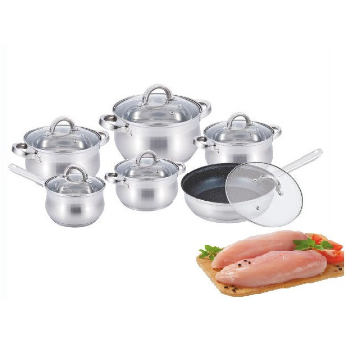 Набір каструль 12 пр. Нерж 2,1л; 2,1л; 2,9л; 3,9л; 6,5 л +сковорода 24 см BN 212 (2 шт./яск.)