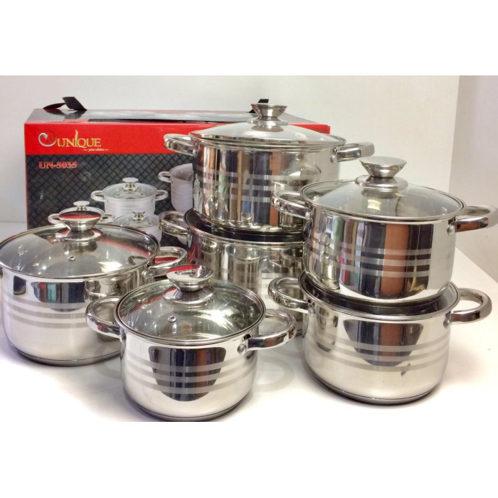 Набір каструль UNIQUE UN-5035 12 пр. (2,1л, 2,9 л, 2,9 л, 3,9л, 5,1 л, 6,5 л, з кришками) (2 шт./яск)