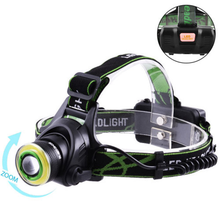 Ліхтар налобний T106-T6+COB, 2x18650, signal light, zoom, ЗП microUSB, Box (100)