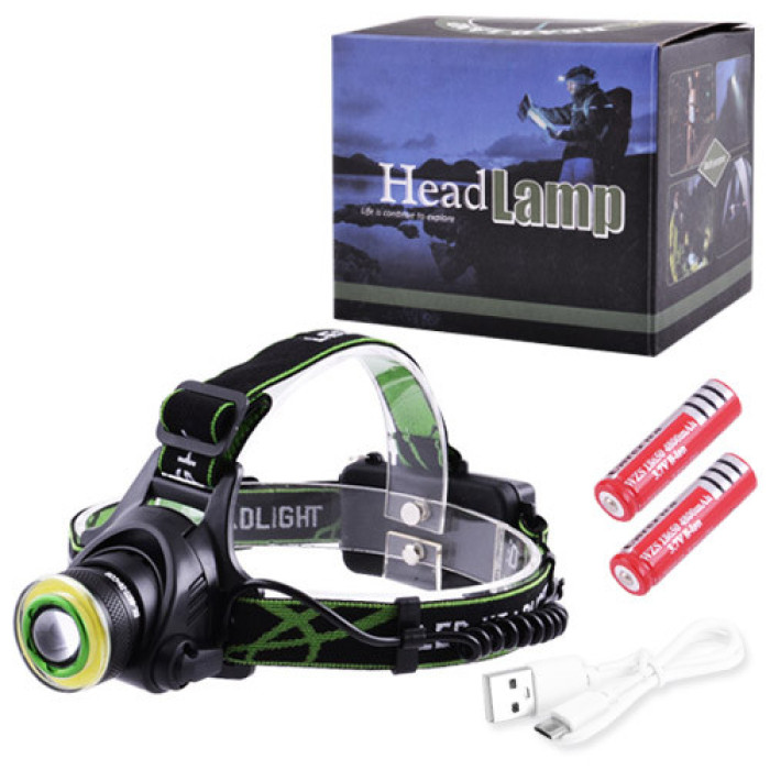 Ліхтар налобний T106-T6+COB, 2x18650, signal light, zoom, ЗП microUSB, Box (100)