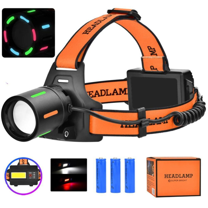 Фонарь налобный NIGHT VISION FLUORESCENCE BL-T67-TG+COB(white+red), 3x18650, 1 режим, power bank, ЗУ