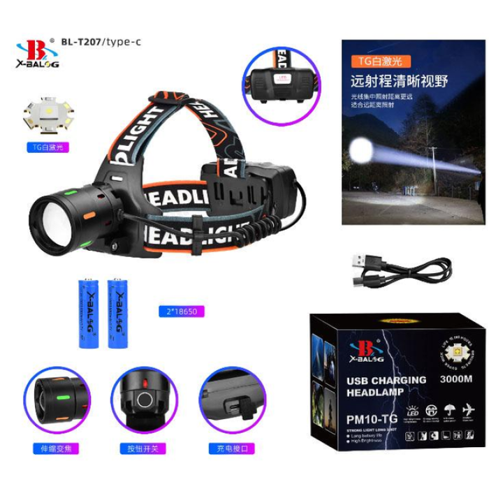 Фонарь налобный NIGHT VISION FLUORESCENCE BL-T207-TG, 2x18650, 1 режим, ЗУ Type-C, zoom