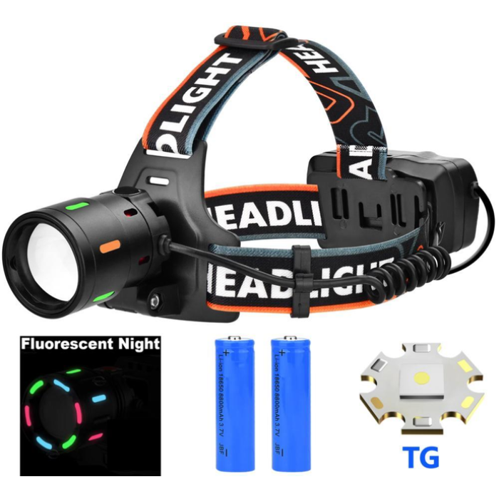 Фонарь налобный NIGHT VISION FLUORESCENCE BL-T207-TG, 2x18650, 1 режим, ЗУ Type-C, zoom