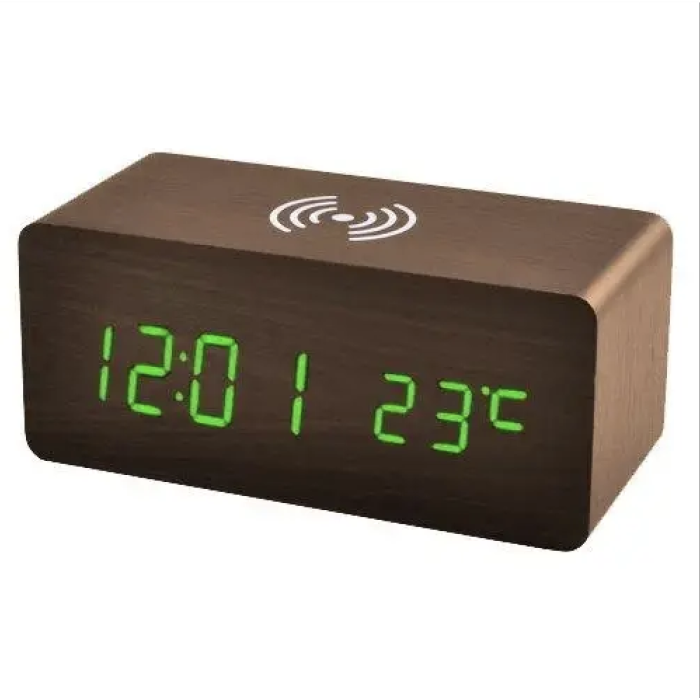 Настільний годинник від мережі та від батарейок із зеленою підсвіткою, температурою та зарядкою VST 889-4 (40)