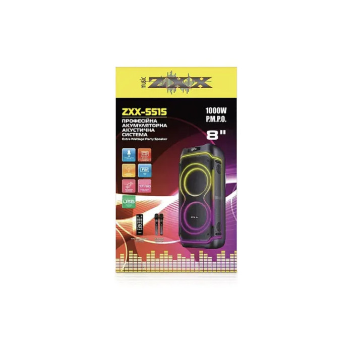 Акустична переносна колонка ZXX-5515/ 6736 60Вт 8" 74х34х30см TWS/FM/USB/TF/BT/REC/LED/2MIC (1)