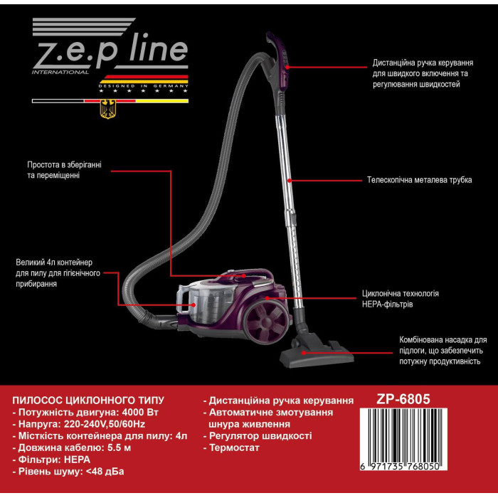 Потужний пилосос Zepline ZP-6805 4л, 4000 Вт, контейнерний пилосос без мішка (1)