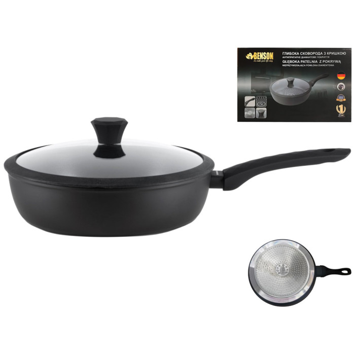 Сковорода глибока антипригарне алмазне покриття 24*6,5 см і кришка з силіконом BN 448 (6)