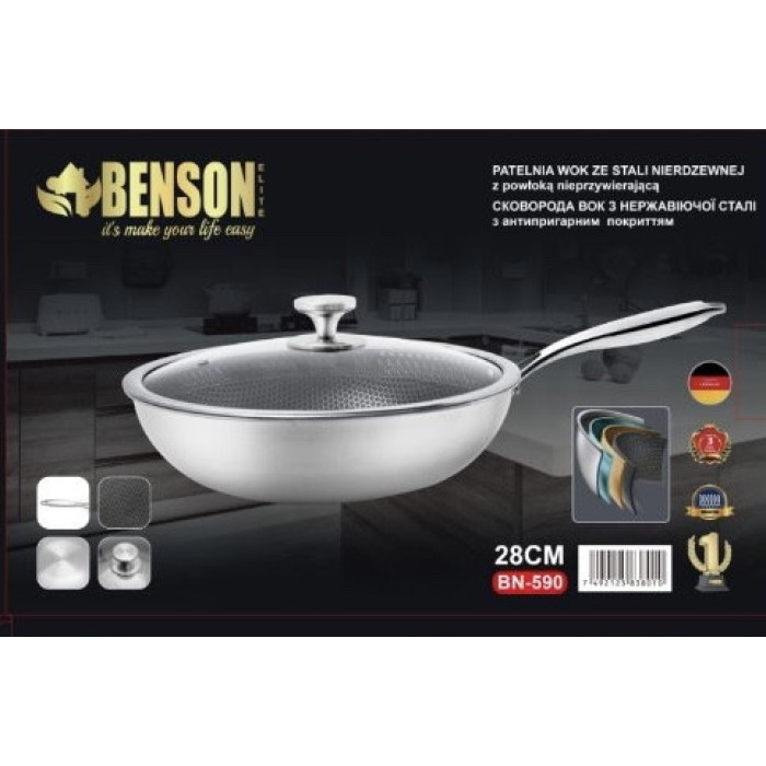 Сковорода WOK 28 см із неіржавкої сталі професійна Антипригарно BN-590 (6 шт./ящ)