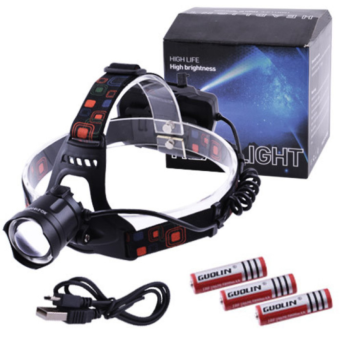 Ліхтар налобний XQ-218-HP50, ЗП micro USB, 3x18650, power bank, signal light, zoom (120 шт./ясть)
