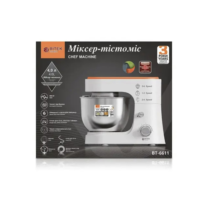 Мiксер-тiстомiс стацiонариний 800BT 4л планетарне обертання металева чаша BITEK BT-6611 7019 (4 шт)
