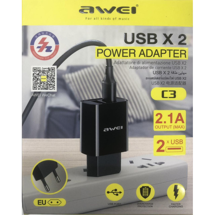 Адаптер 2 usb AWEI С3 ART 7658 (120 шт./ясть)