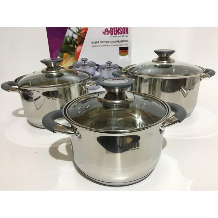 BN-190 (4) Набір кастр неірж 6 пр 2.1л2.9 л3.9 л силік.ручки (4 шт./ясть)