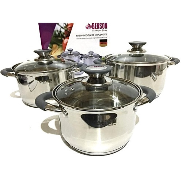 BN-190 (4) Набір кастр неірж 6 пр 2.1л2.9 л3.9 л силік.ручки (4 шт./ясть)