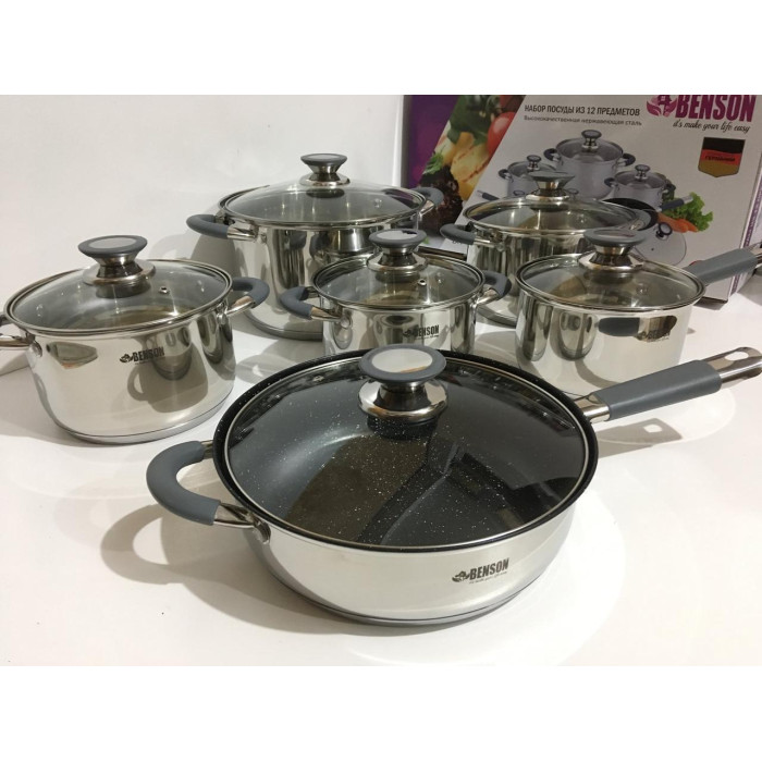 BN-193 (2) Набір кастр неірж 12 пр 2.1 л2.1л2.9л3.9л6.5л/силик, ручки (2 шт./ящи)