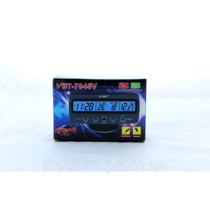Автомобільний годинник з вольтметром,термометр, гіндікатор темпетатур, виносний датчик VST-7045 (80 шт./яск