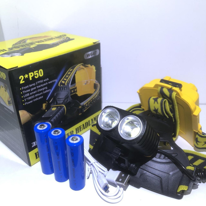 Налобний ліхтар на 3 акумулятори 18650*2 P50 USB*Type C W-647 (60)