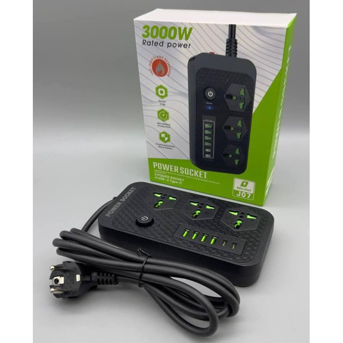 Мережевий фільтр J07 3000 W (3*220V+4USB+2*Type-C)