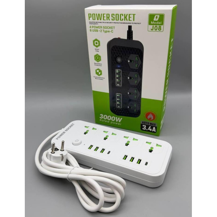 Мережевий фільтр J08 3000 W (4*220V+6USB+2*Type-C)
